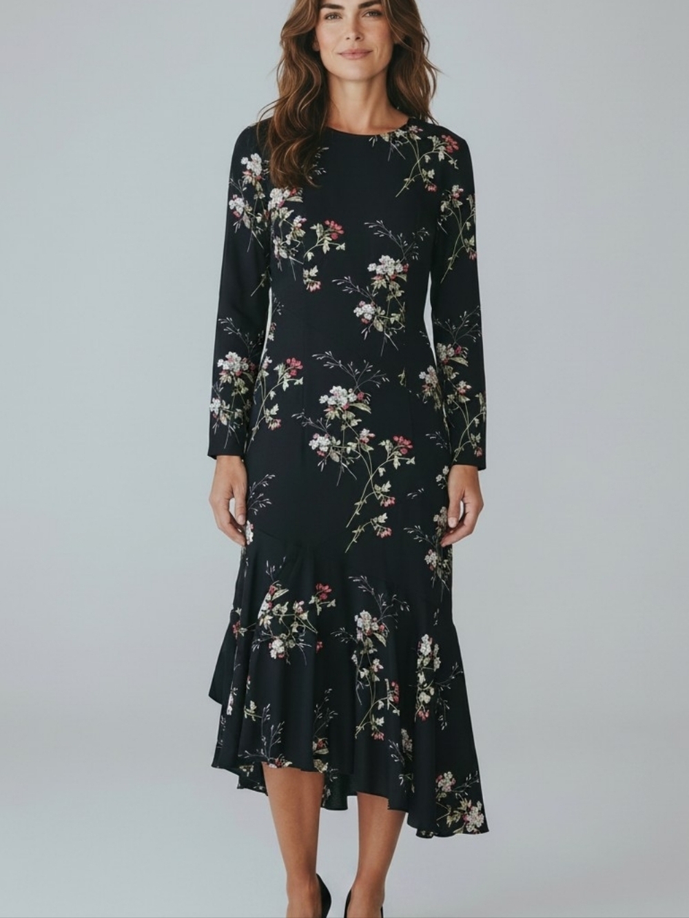 NWT! Bohoo Black Floral Long-Sleeve Ruffled  Hem Midi Dress
